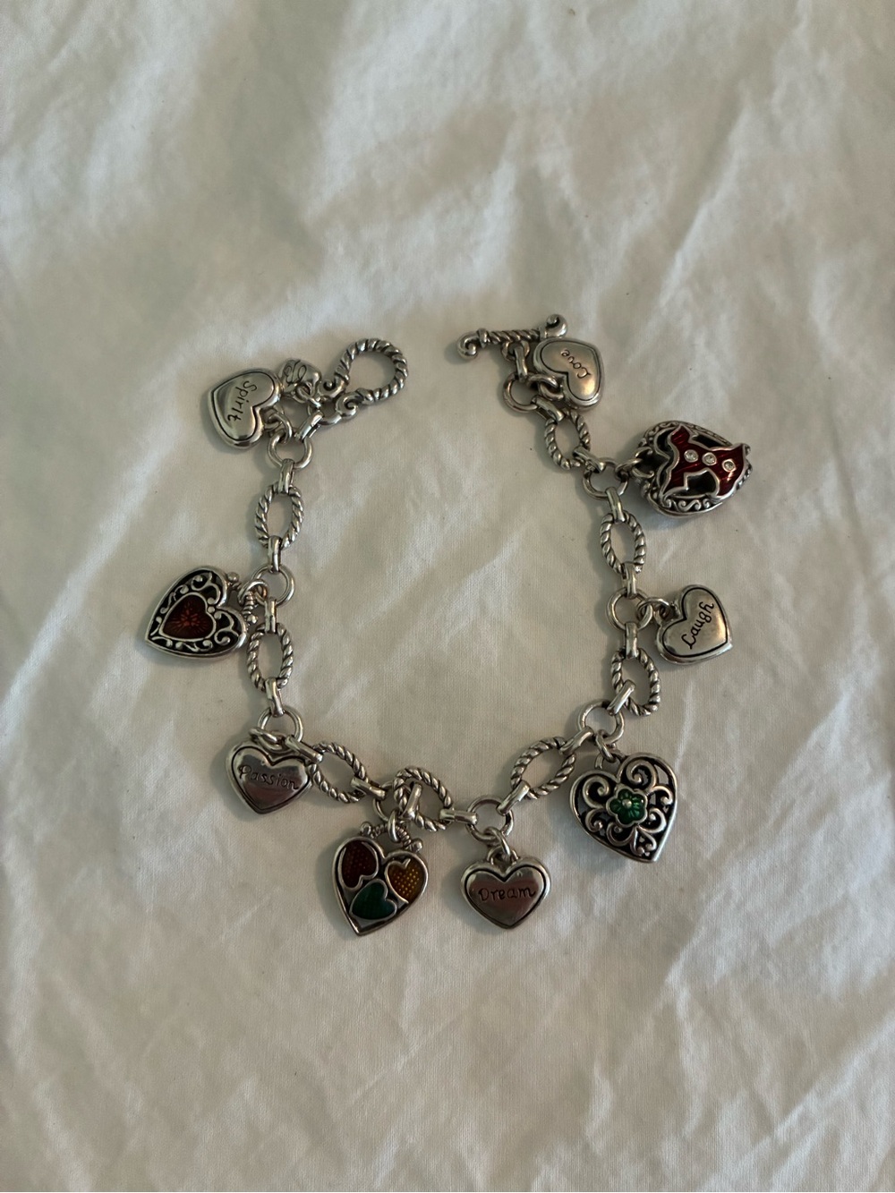 Brighton Silver Heart Charm Bracelet with Red and Green Accents